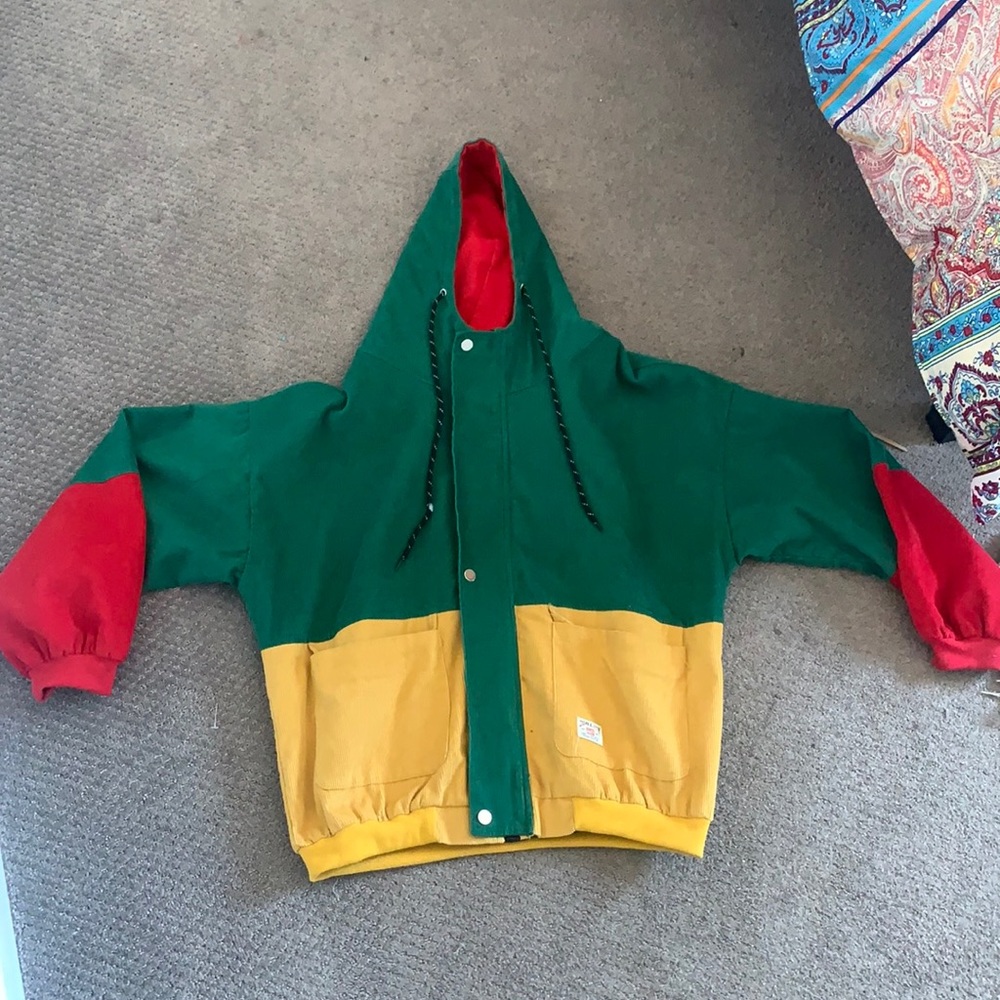 Red, green, yellow zip up jacket